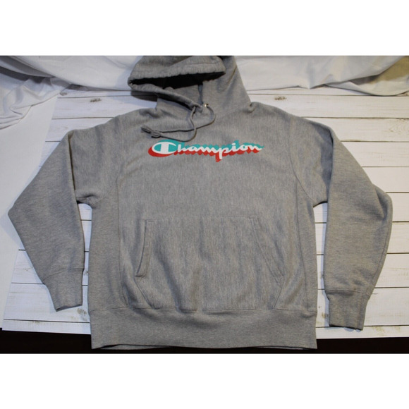 Champion Reverse Weave Men M Gray Hoodie Graphic Print Kangaroo Pocket Pullover - Picture 1 of 10